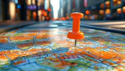 Vivid orange map pin marking urban exploration on intricate city map, capturing lively morning energy with gentle shadows