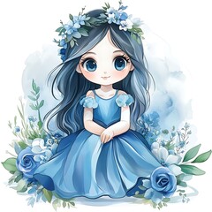 Canvas Print - Cute Anime Girl in Blue Dress Surrounded by Flowers.