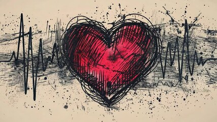Poster - A striking illustration depicts a bold red heart surrounded by an expressive heartbeat line, symbolizing love and emotional vitality in a unique artistic style.