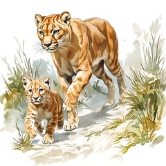 Wall Mural - Watercolor Illustration of a Mother Cougar and Her Cub Walking Through Grass.