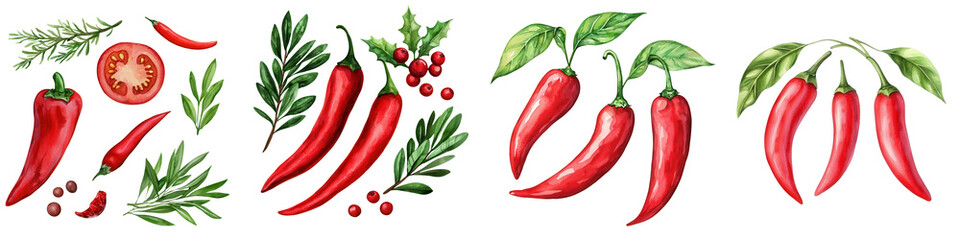 Fresh red chili peppers with green herbs on a white isolated background.