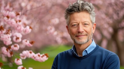 Poster - Joyful man smiles brightly outdoors, surrounded by cherry blossoms, radiating charm and warmth in a picturesque setting.