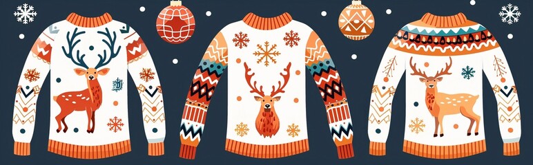 National Ugly Christmas Sweater Day, Idea for poster, banner, flyer or postcard. Warm knitted jumpers with snowflake, snowman, Santa, candy cane and deer designs. Isolated Wall stickers. Gretting card