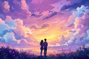 A couple in love, looking at the sky with beautiful clouds and a picturesque landscape