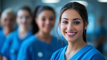 A group of women in blue scrubs are smiling for the camera. They are all wearing the same color, which gives the image a sense of unity and camaraderie. The women appear to be happy and content