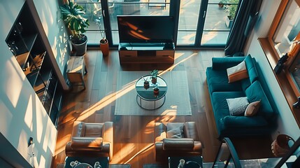 View from above of a modern living room with sleek furniture and a stylish decor, captured in HD