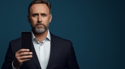 Poster - A man in a suit holding a cell phone. The man is wearing a black suit and white shirt