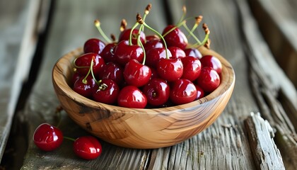 Wall Mural - Rustic wooden bowl overflowing with ripe cherries on a weathered surface, embodying natural charm and the essence of summer freshness