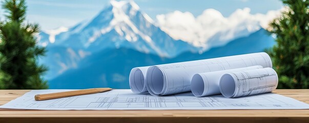 Construction blueprint showing detailed plans for a bridge, laid out on a worktable with a breathtaking view of a snow-capped mountain range in the background