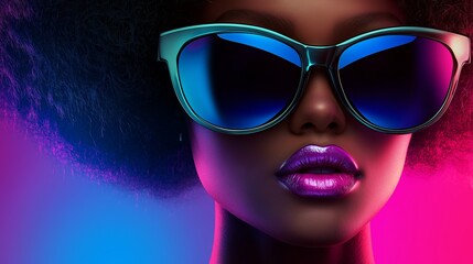 Wall Mural - a woman with purple lips and blue sunglasses. the sunglasses are on her face and the lips are purple