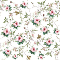   Beautiful seamless pattern  painting wiht flower, botany. print for fabric, textile, packaging , on white background