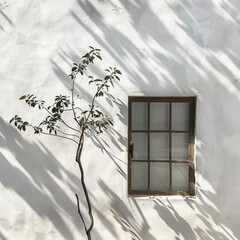 A serene scene featuring slender tree casting shadows on white wall beside window. interplay of light and shadow creates tranquil atmosphere