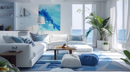 White and blue living room with modern furnishings, vibrant accents, and a clean, fresh design, captured in high-definition detail