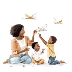 Canvas Print - Happy Family Playing with Paper Airplanes.