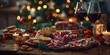 © syhin_stas - Delicious charcuterie board filled with meat, cheese, and nuts, accompanied by a glass of red wine, creating a festive ambiance for christmas
