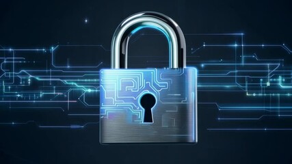 Fototapete - A digital padlock is prominently displayed against a backdrop of blue circuit patterns, representing the importance of cybersecurity and data protection in modern technology.