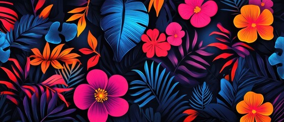 Sticker - Vibrant Tropical Floral Pattern on Dark Background