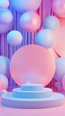 Wall Mural - Abstract geometric design with spheres, circles, steps in pink and blue against striped backdrop. Suitable for social media, backgrounds, web design.