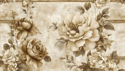 Wall Mural - A sepia-toned wallpaper featuring antique floral patterns and ornate frames, offering a nostalgic charm