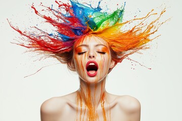 Wall Mural - a woman with rainbow colored hair and makeup. she is smiling and has a red lip. the image is of a wo