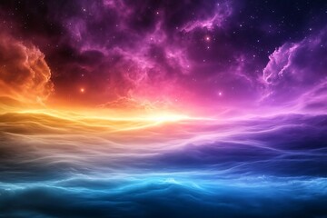 Wall Mural - A stunning cosmic landscape showcasing vibrant colors of purple, orange, and blue blending in a mesmerizing twilight sky.