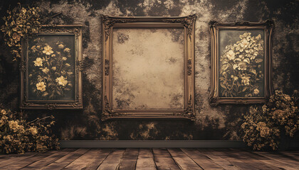 Wall Mural - A sepia-toned wallpaper featuring antique floral patterns and ornate frames, offering a nostalgic charm