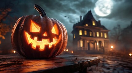 Halloween pumpkin with candlelight in front of a haunted house background,