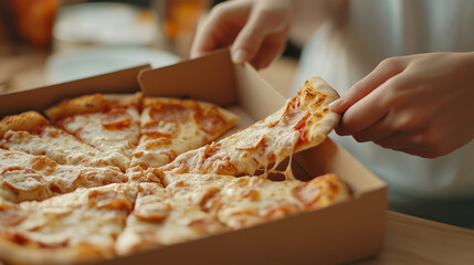 close-up shot of hands eagerly opening a takeaway box filled with delicious pizza and snacks, with a vibrant dining table in the background, highlighting the excitement of indulgin