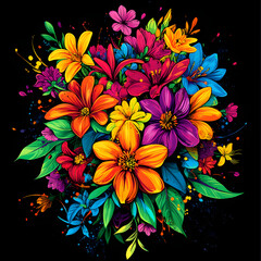 Wall Mural - Bright and Colorful Bouquet of Flowers with Bold Paint Splashes on a Black Background, Perfect for Artistic and Festive Designs