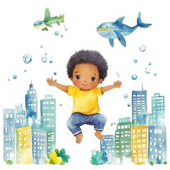 Wall Mural - Watercolor Illustration of a Boy Jumping Over City Buildings with Fishes and Bubbles.