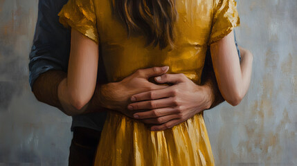 male hands tightly hugging a girl in a yellow summer silk dress from behind, the girl stands in front of the camera