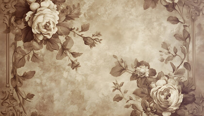 Wall Mural - A sepia-toned wallpaper featuring antique floral patterns and ornate frames, offering a nostalgic charm