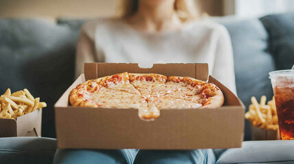 joyful person sitting comfortably on a sofa, holding a colorful pizza box, with a big smile on their face, surrounded by fast food items like fries and soda, showcasing a relaxed a