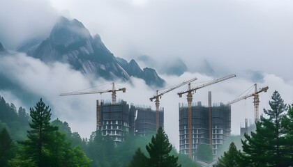 Harmony of construction and nature amidst misty mountains and trees