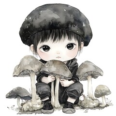 Wall Mural - Watercolor Illustration of a Child Holding Mushrooms.