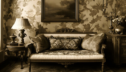 Wall Mural - A sepia-toned wallpaper featuring antique floral patterns and ornate frames, offering a nostalgic charm