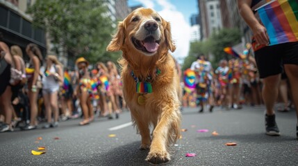 a joyful dog wearing pride symbols joins the lively parade celebrating inclusion and love downtown i