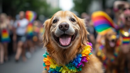 dogs proudly wearing rainbow accessories participate in a vibrant parade celebrating diversity and i