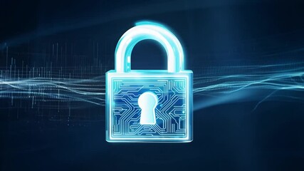 Poster - The padlock stands against a dark background filled with dynamic blue waves, representing cybersecurity and data protection in a digital age focused on privacy.