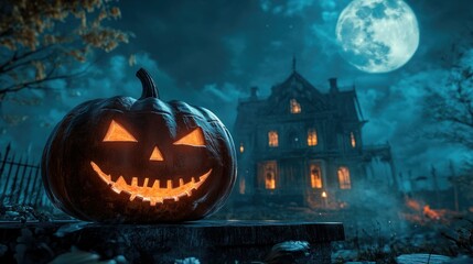 Halloween pumpkin with candlelight in front of a haunted house background,