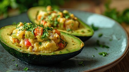 Poster - Crisp avocado halves filled with vibrant, vegetable-rich mixture.