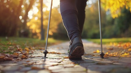 Canvas Print - Close up of person of retirement age engaged in Nordic walking in the park, healthy lifestyle 