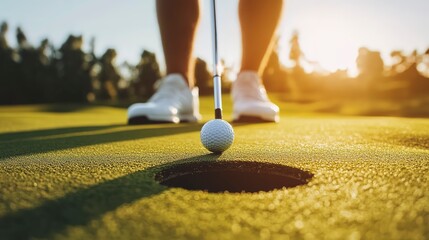 Canvas Print - close up macro golf player putting golf ball into hole 