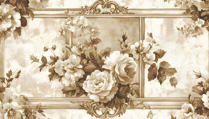 Wall Mural - A sepia-toned wallpaper featuring antique floral patterns and ornate frames, offering a nostalgic charm