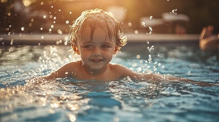 Canvas Print - Child playing in water at swimming pool 