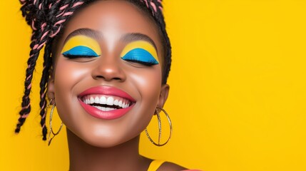 Wall Mural - a woman with blue and yellow makeup on her face is smiling. she has gold hoop earrings and a yellow 