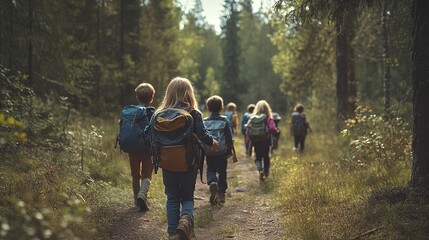 Canvas Print - Children with backpacks walking through the forest, school camping trip in the forest