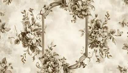 Wall Mural - A sepia-toned wallpaper featuring antique floral patterns and ornate frames, offering a nostalgic charm