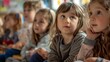 © Tamara - Curious children listening intently in a classroom setting filled with color and excitement, ready to learn and explore new ideas.