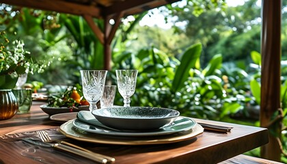 Elegant outdoor dining experience under a pergola with fresh dishes, crystal glasses, and vibrant garden greenery